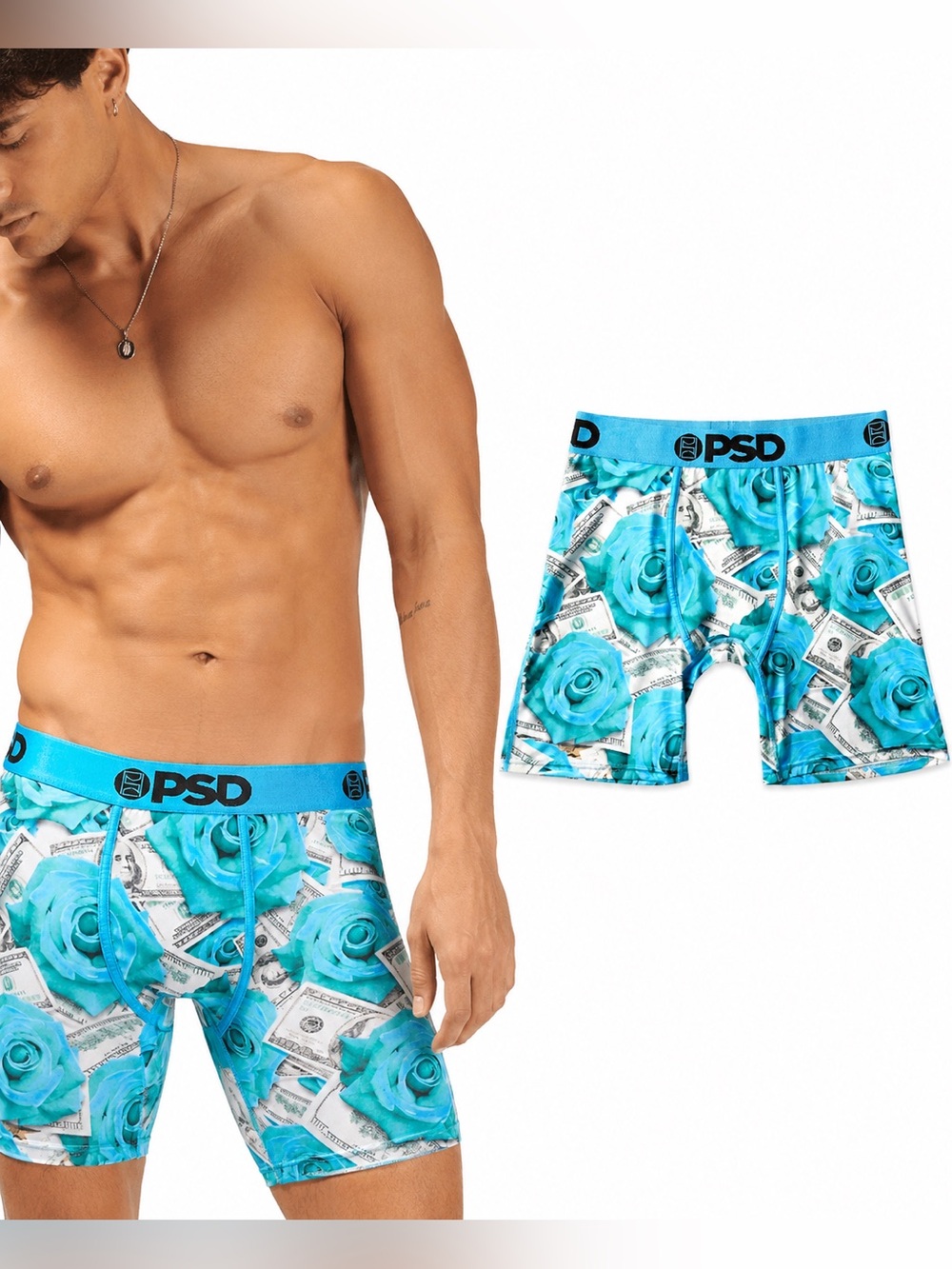 PSD Men’s Turquoise Rose & Money-Print Boxer Briefs